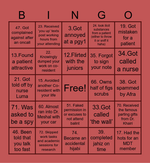 Residency Bingo Card