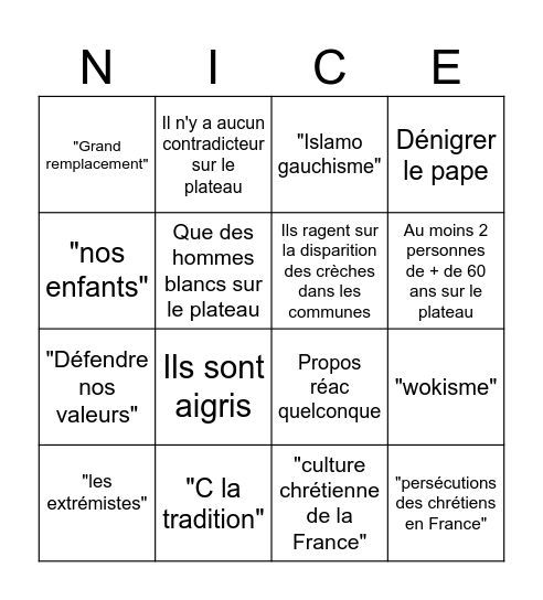 Émission catho Cnews Bingo Card