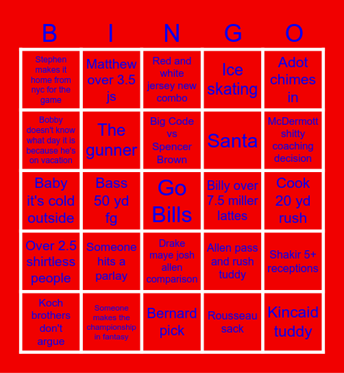 Bills vs Patriots Bingo Card