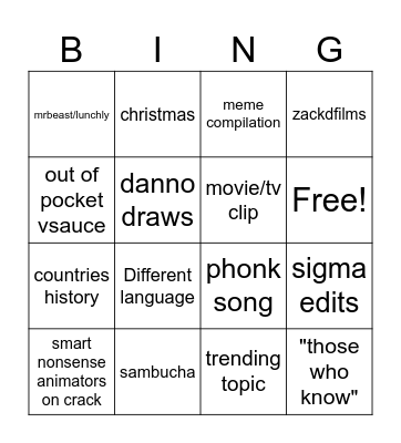 Youtube shorts Bingo Card