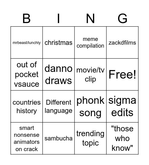 Youtube shorts Bingo Card