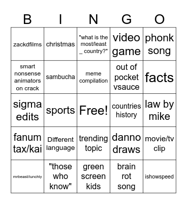 Youtube shorts Bingo Card