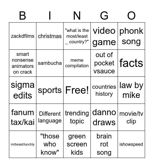 Youtube shorts Bingo Card