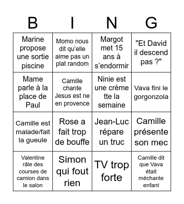Semaine en famille Bingo Card