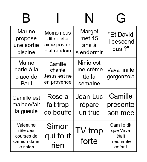 Semaine en famille Bingo Card