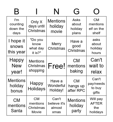 Christmas/Weekend Bingo Card