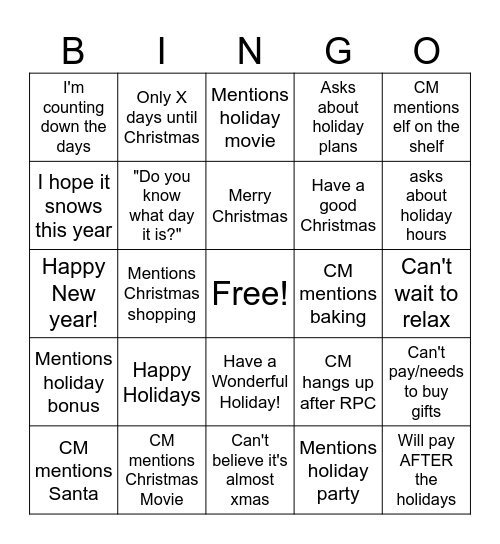 Christmas/Weekend Bingo Card