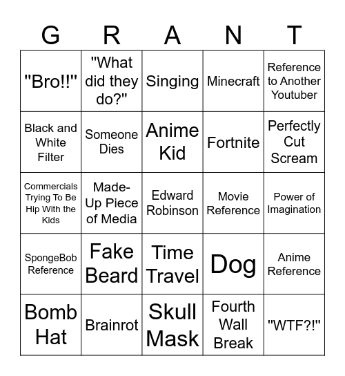 Grant Wisler Bingo Card