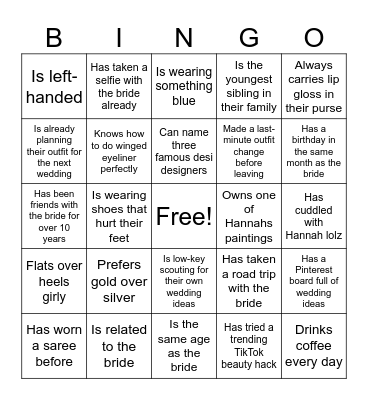 Bridal Bingo Card