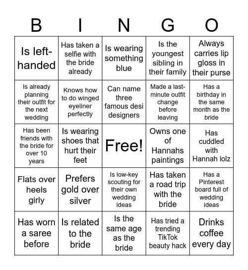 Bridal Bingo Card