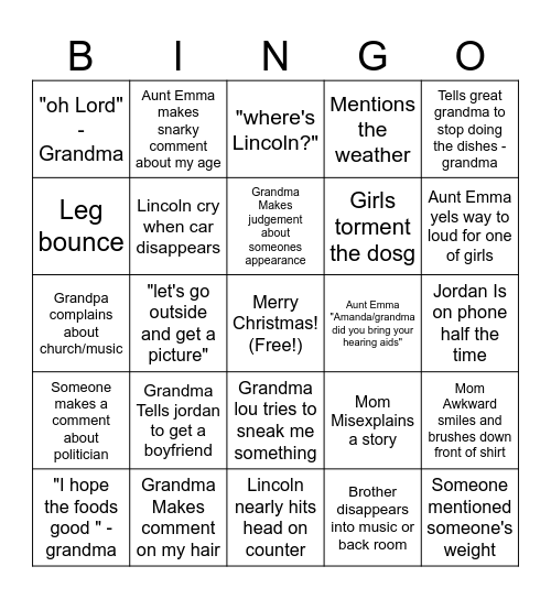 Baker Christmas Bingo Card