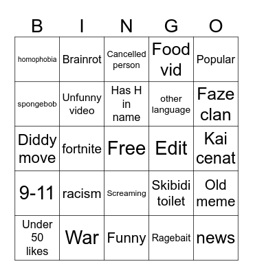 YT shorts Bingo Card