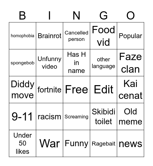 YT shorts Bingo Card