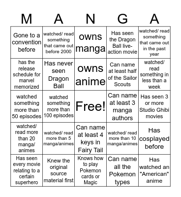 Manga Club Bingo Card