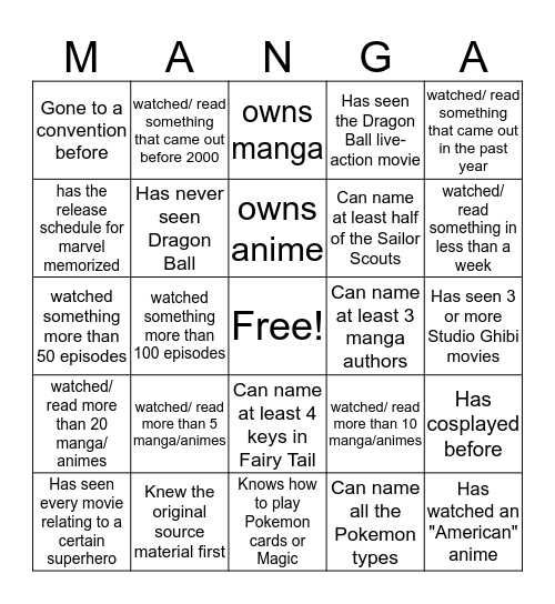 Manga Club Bingo Card