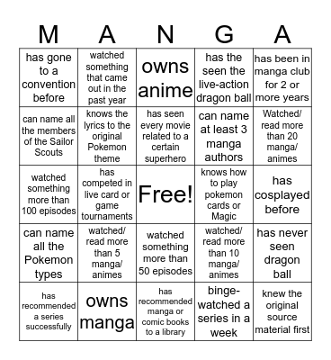Manga Club Bingo Card