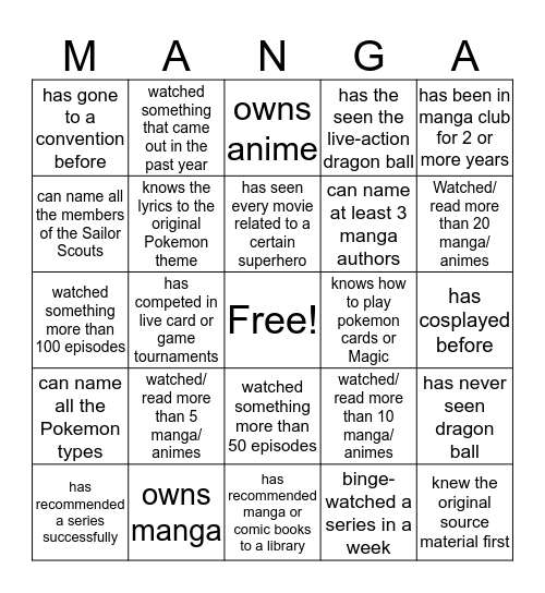 Manga Club Bingo Card