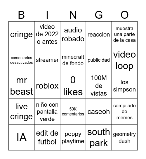 youtube shorts Bingo Card