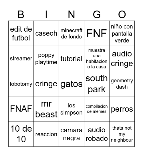 youtube shorts Bingo Card