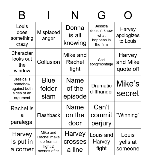 Suits Bingo Card