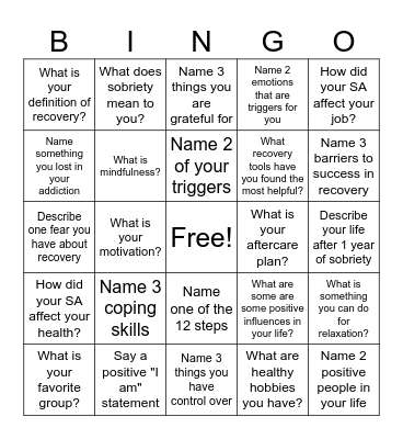 Recovery Bingo! Bingo Card