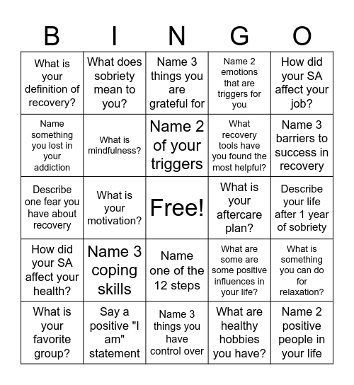 Recovery Bingo! Bingo Card