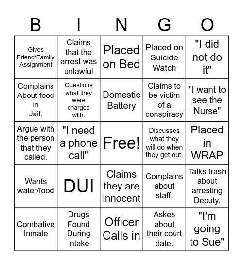 Jail Booking Bingo Card