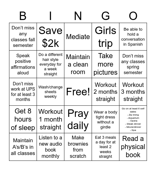 2025 Bingo Goals Bingo Card