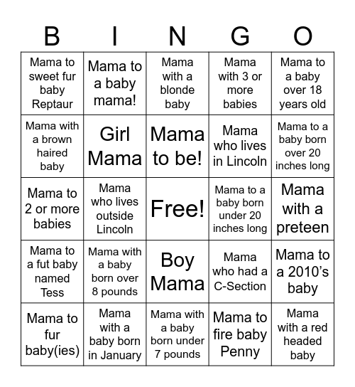 Find a Mama Who… Bingo Card