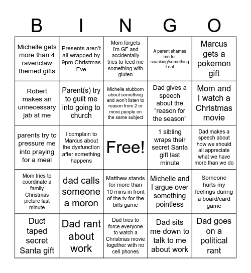 Family Christmas Bingo Card