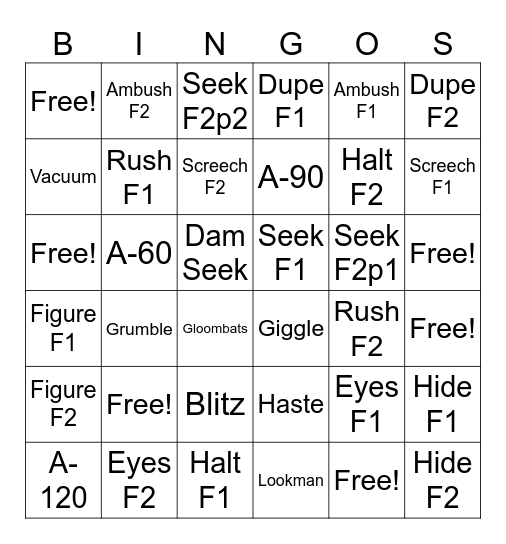 Doors Entities Bingo Card