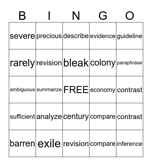 Vocabulary  Bingo Card