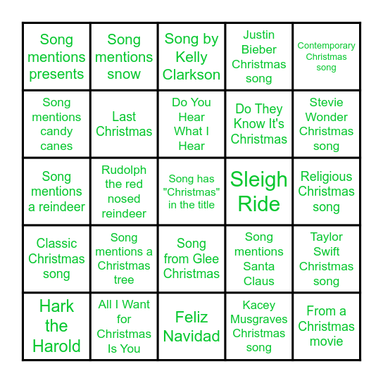 Christmas song bingo Card