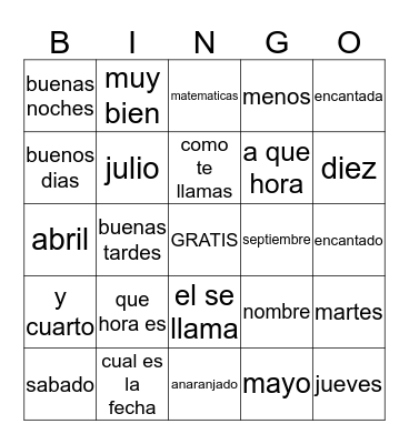 Preliminary Spanish 1 Bingo Card
