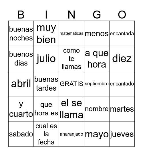 Preliminary Spanish 1 Bingo Card
