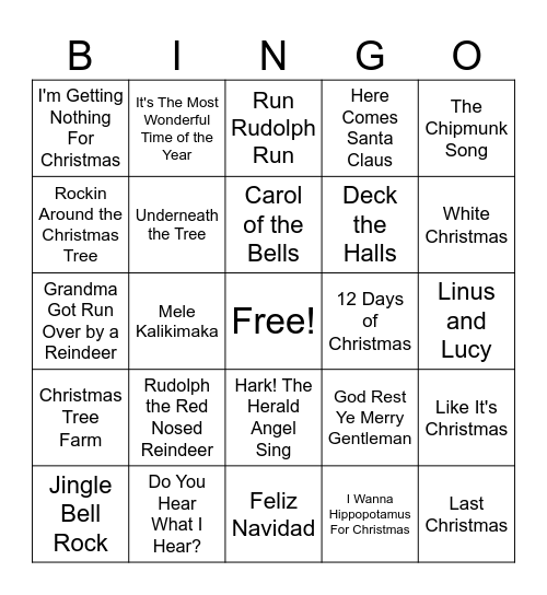 Christmas Song Bingo Card