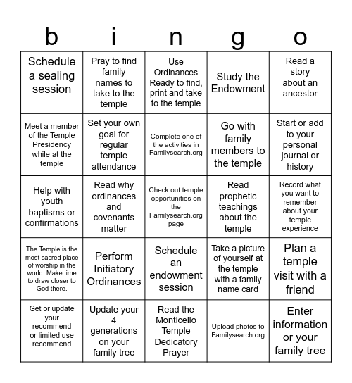 3rd Ward Temple & Family History Invitation Bingo Card