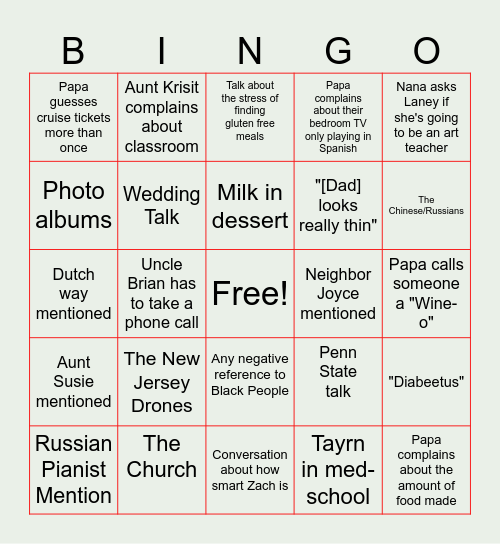 Hoover Family Bingo Card