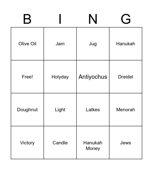 Hanukah Bingo Card