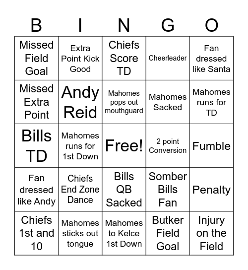 Chiefs Bingo Card