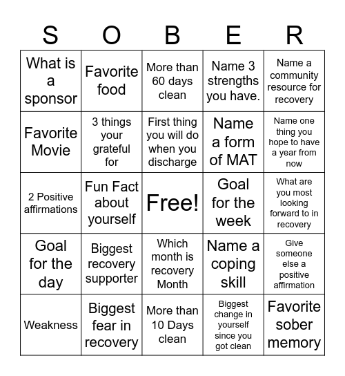 Recovery Bingo Card