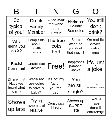 Dysfunctional Family Bingo Card