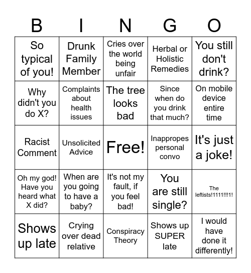 Dysfunctional Family Bingo Card
