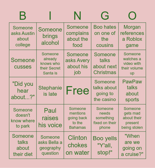 Christmas Eve Family Bingo Card