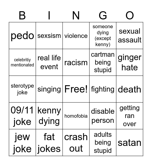 south park Bingo Card