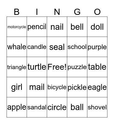 Words Ending in "L" Sound Bingo Card