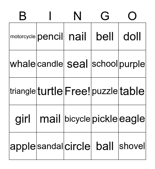 Words Ending in "L" Sound Bingo Card