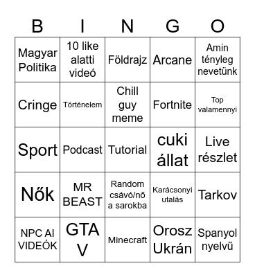 YT shorts Bingo Card