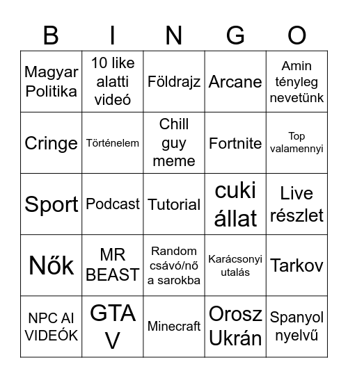 YT shorts Bingo Card