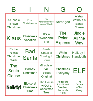 Christmas Movies Bingo Card